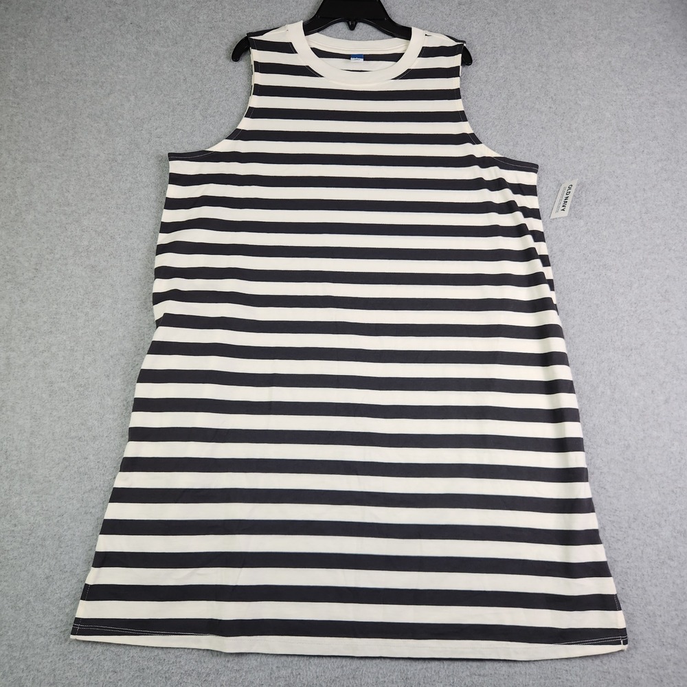 Old Navy Tank Dress Womens Large Black White Striped Stretch Sleeveless Crewneck